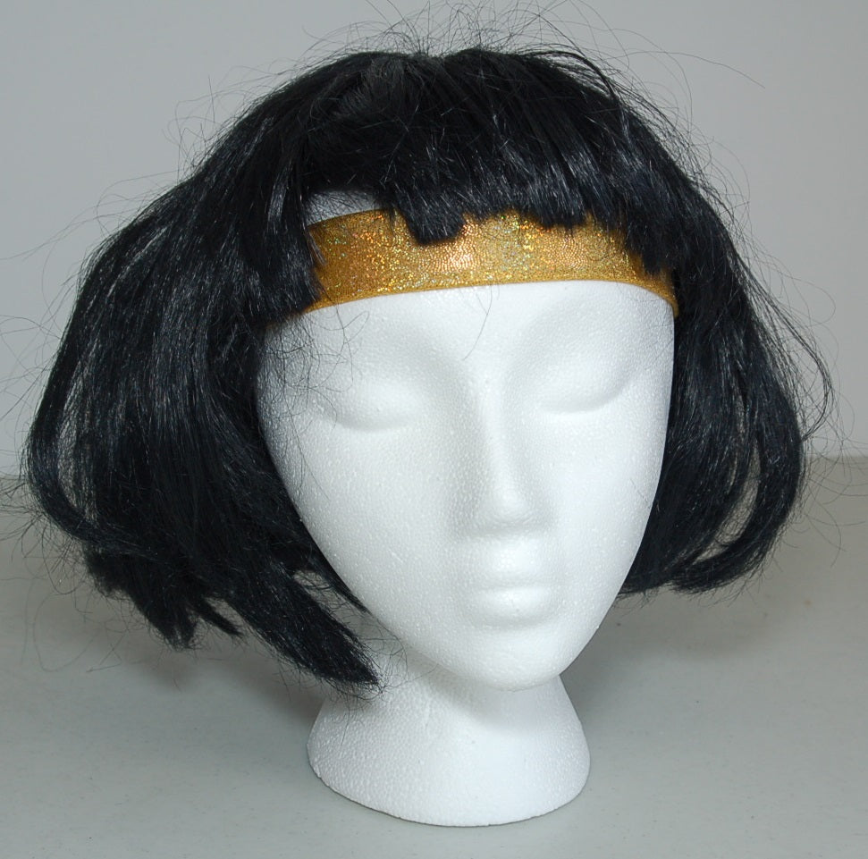 25 Black Wigs/42 Lycra Headbands + 1 Bag Asst. Gold Lycra Cuffs/bands/strips