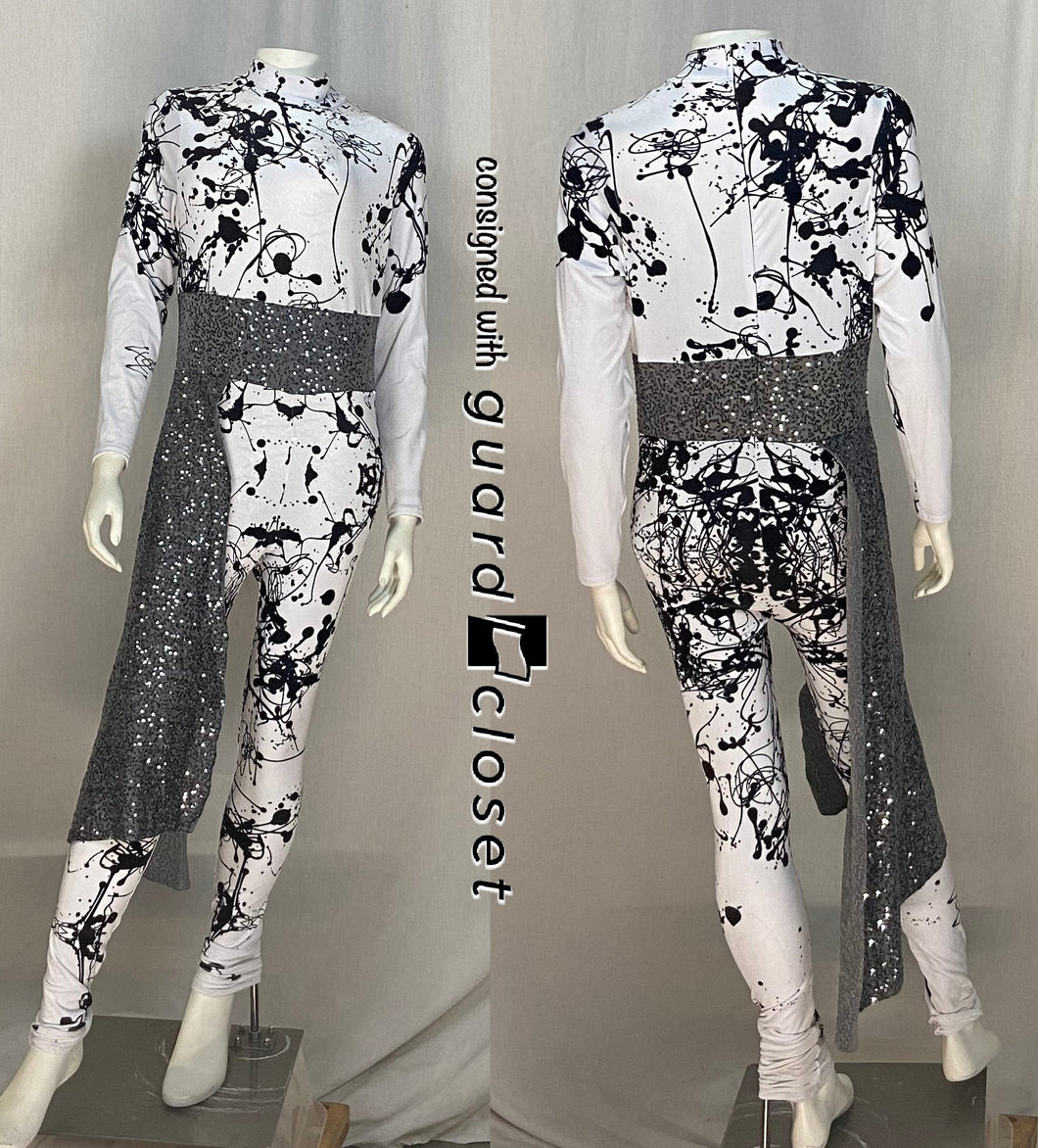 7 white black paint splatter Showday Designs unitards