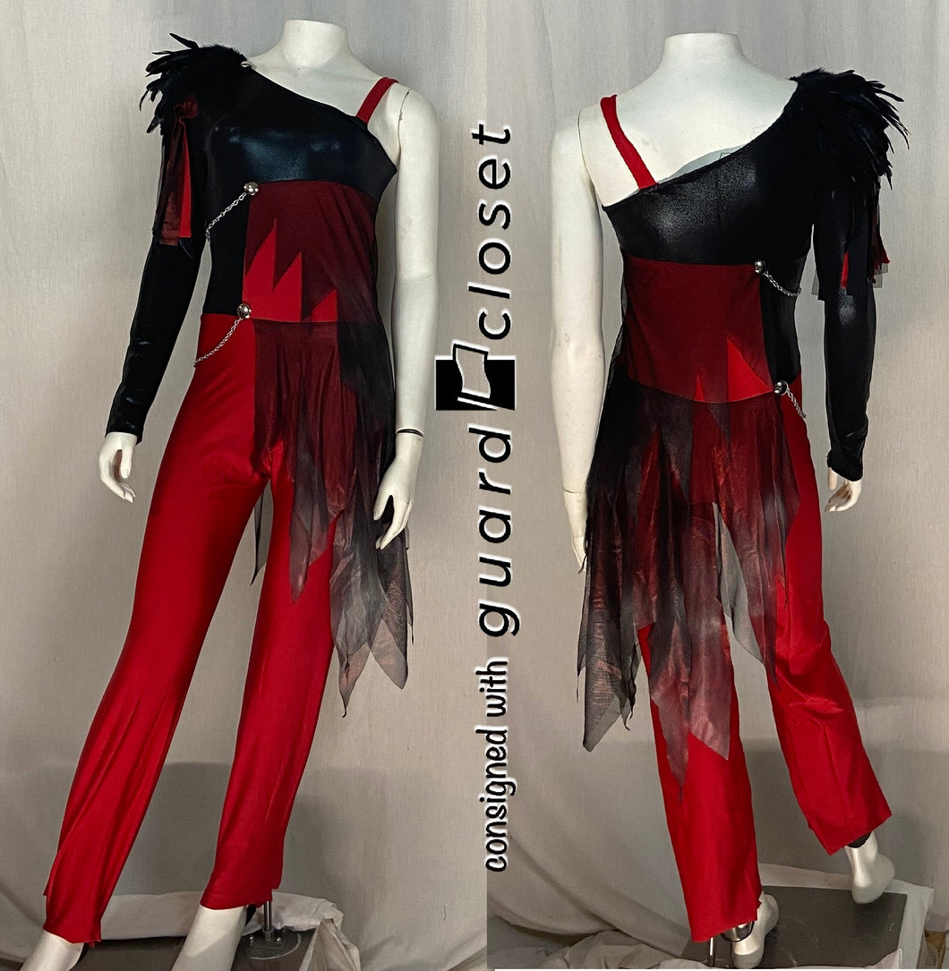 9 red black one shoulder feather accent unitards