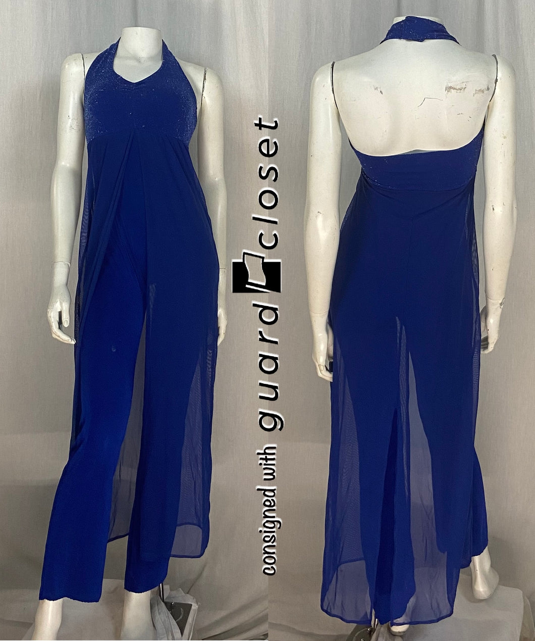 22 blue halter skirted unitards with silver mesh guardcloset