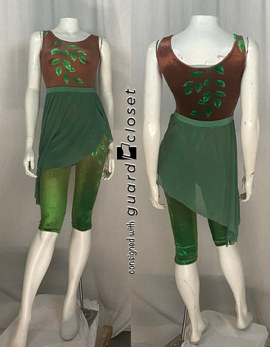 30 brown green leaf sleeveless capri unitards + 17 green mesh pull on skirts Showday Designs