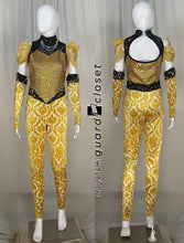 Load image into Gallery viewer, 11 total black gold damask sleeveless Showday Designs unitards
