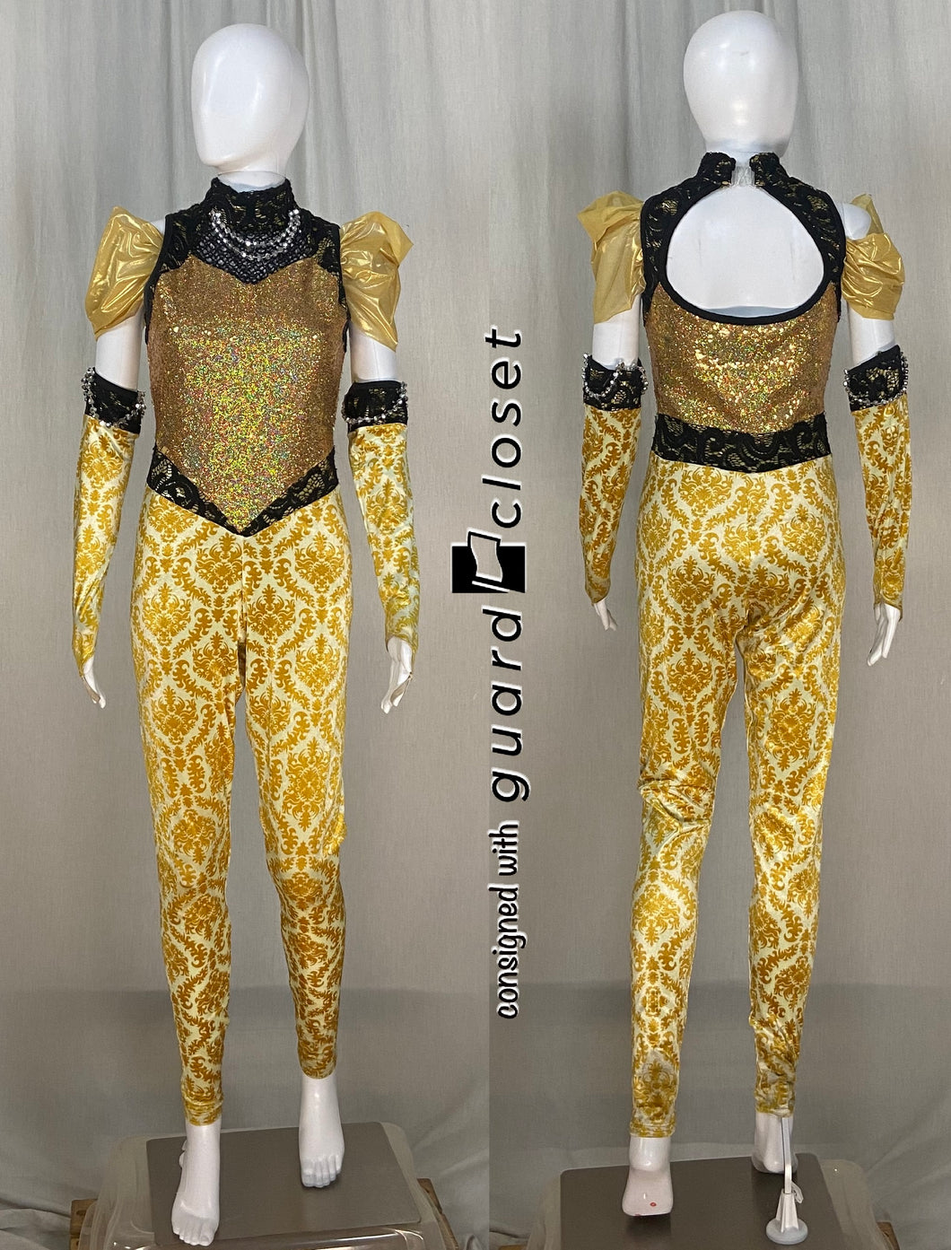 11 total black gold damask sleeveless Showday Designs unitards