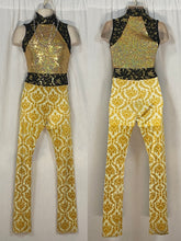 Load image into Gallery viewer, 11 total black gold damask sleeveless Showday Designs unitards
