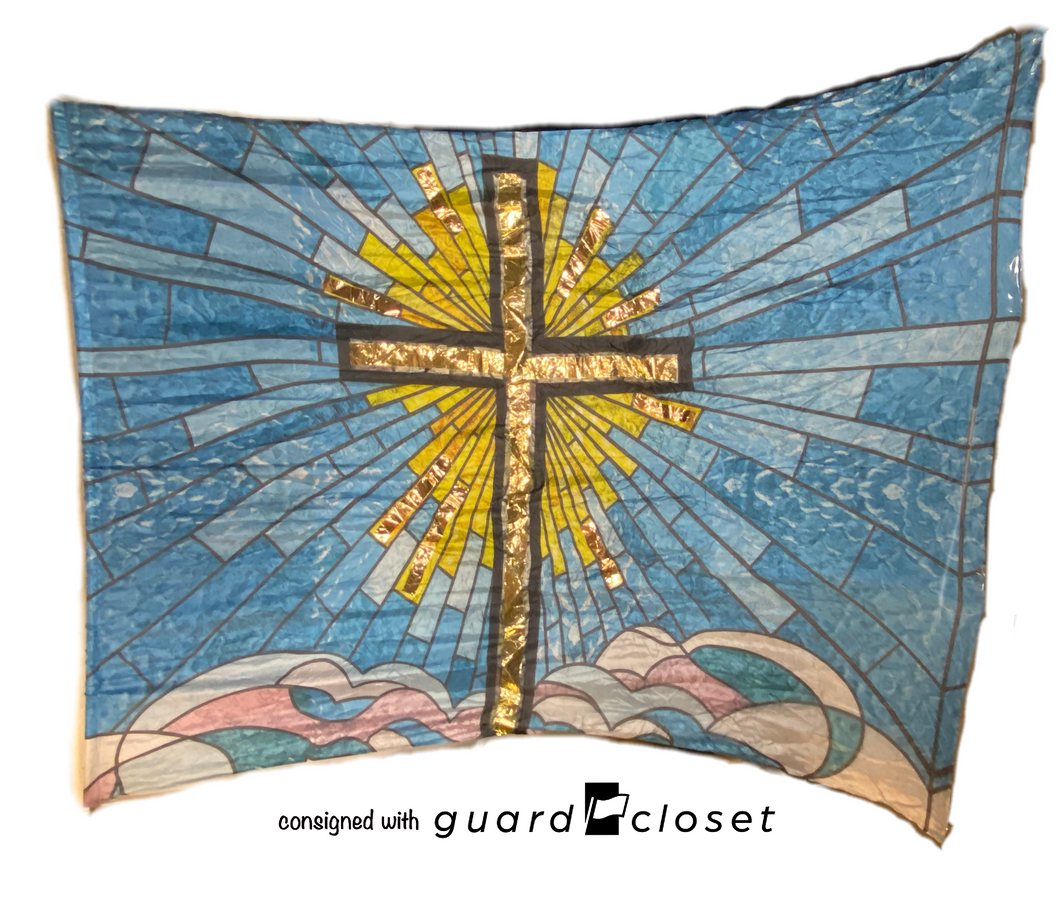 4 blue gold cross religious stained glass oversized flags