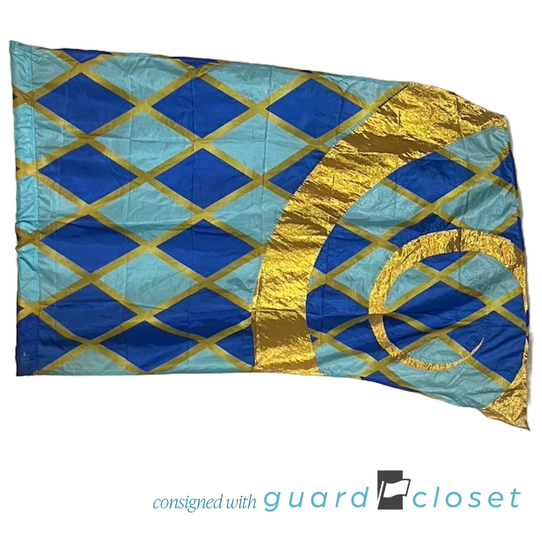 15 blue/gold jester flags by R&S Marching Arts