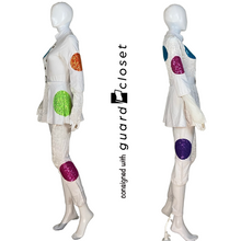 Load image into Gallery viewer, 38 Long Sleeve White Skirted unitard with teal/purple/magenta/orange circle accents by Dance Sophisticates
