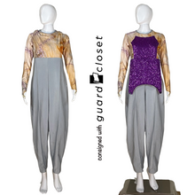 Load image into Gallery viewer, 45 Long Sleeve Gray Neutral Unitards w/ Purple Accents &amp; Reveal Bib by Dance Sophisticates
