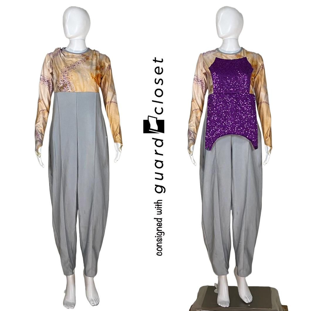 45 Long Sleeve Gray Neutral Unitards w/ Purple Accents & Reveal Bib by Dance Sophisticates