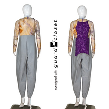 Load image into Gallery viewer, 45 Long Sleeve Gray Neutral Unitards w/ Purple Accents &amp; Reveal Bib by Dance Sophisticates
