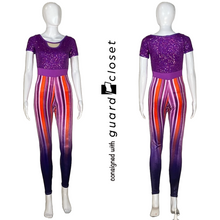 Load image into Gallery viewer, 14 purple unitards w/ orange accents by Showday Designs
