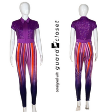 Load image into Gallery viewer, 14 purple unitards w/ orange accents by Showday Designs
