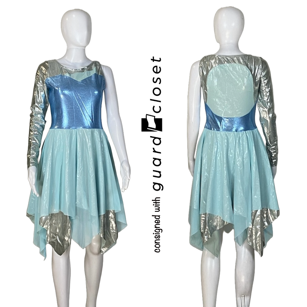 18 Ice Blue & Silver One Sleeve Dress w/ Built in shorts by Creative Costuming & Designs