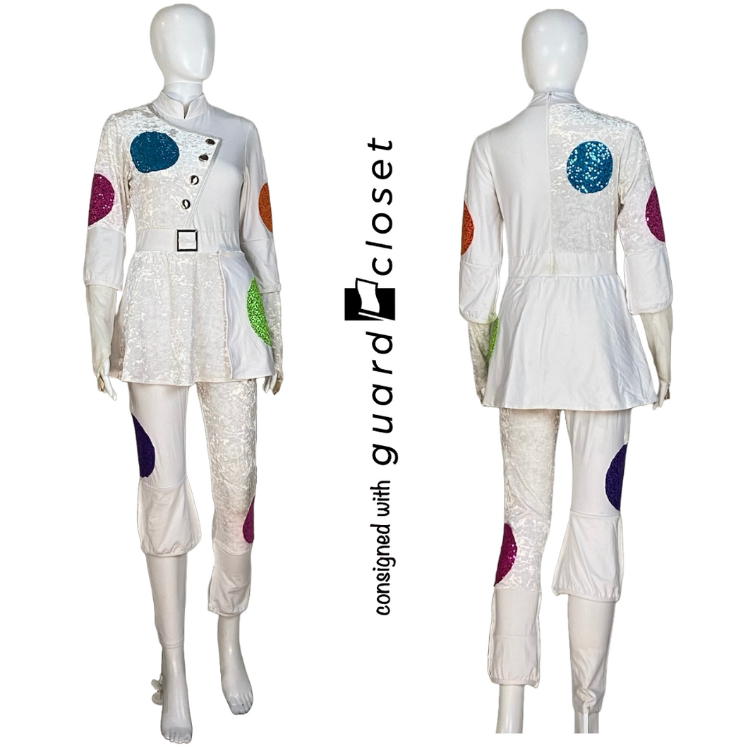 38 Long Sleeve White Skirted unitard with teal/purple/magenta/orange circle accents by Dance Sophisticates