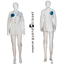 Load image into Gallery viewer, 38 Long Sleeve White Skirted unitard with teal/purple/magenta/orange circle accents by Dance Sophisticates
